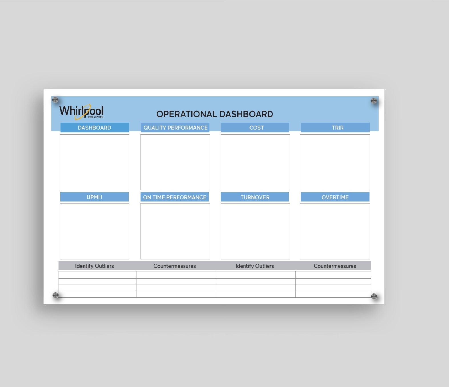 A single-sided magnetic whiteboard with a blue header and text areas for operational dashboard, featuring sections for goals, strategies, tactics, and customer engagement. The whiteboard is branded with 'Whitool' at the top and has standoffs for mounting.