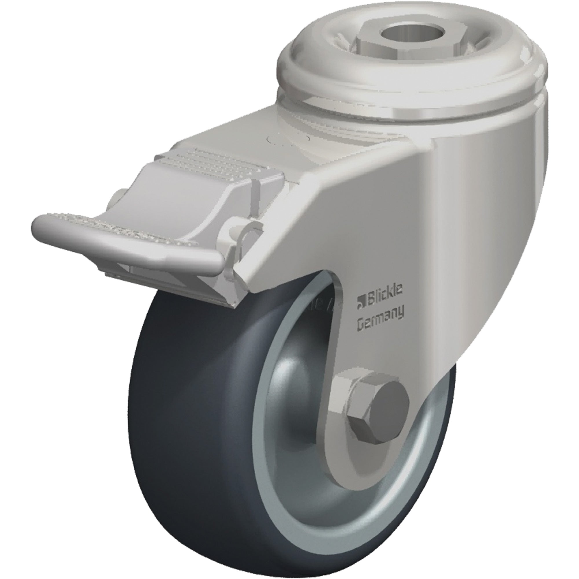 Stainless Steel Thermoplastic Elastomer Caster, Swivel with Brake, 3-1/8" (79.5 mm) Dia., 220 lbs. (100 kg.) Capacity.