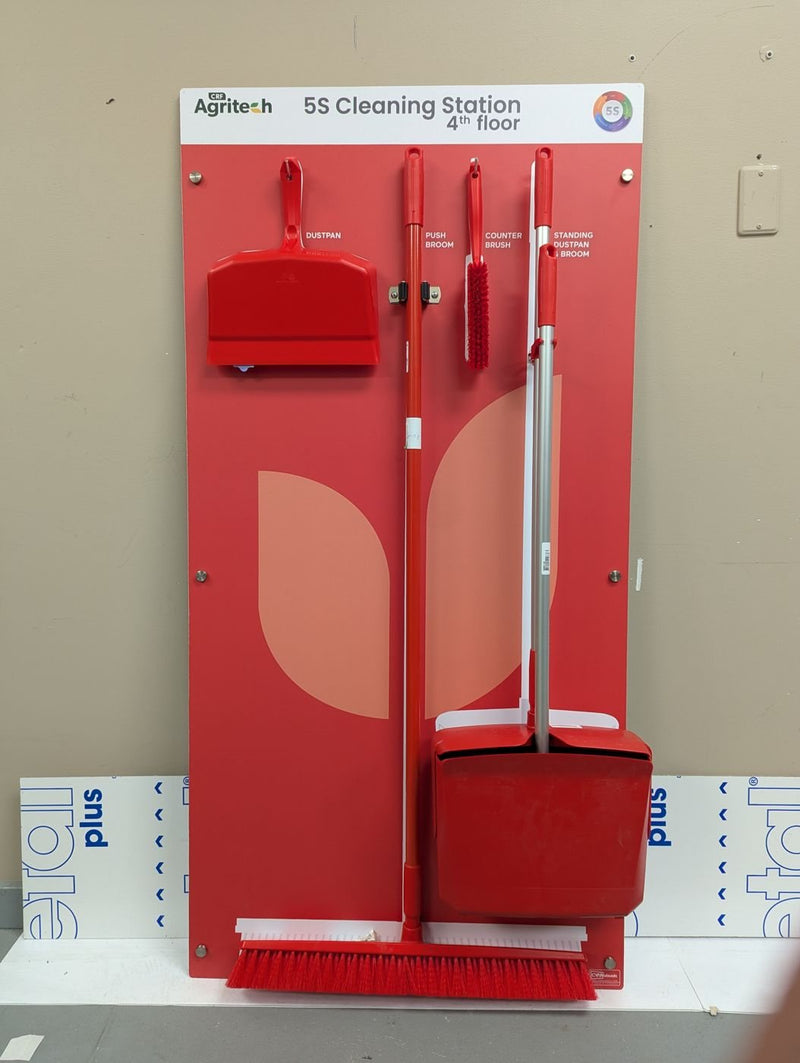 Food-grade colour-coded cleaning tools mounted on a shadow board