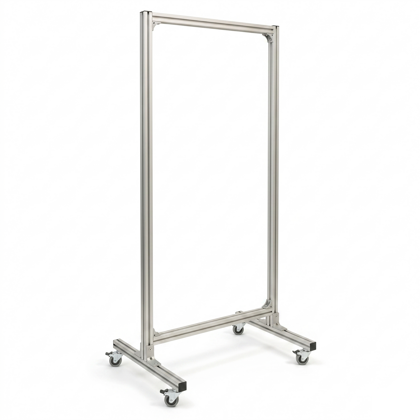 Metal garment rack on wheels with a white background