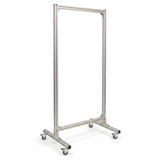 Metal garment rack on wheels with a white background