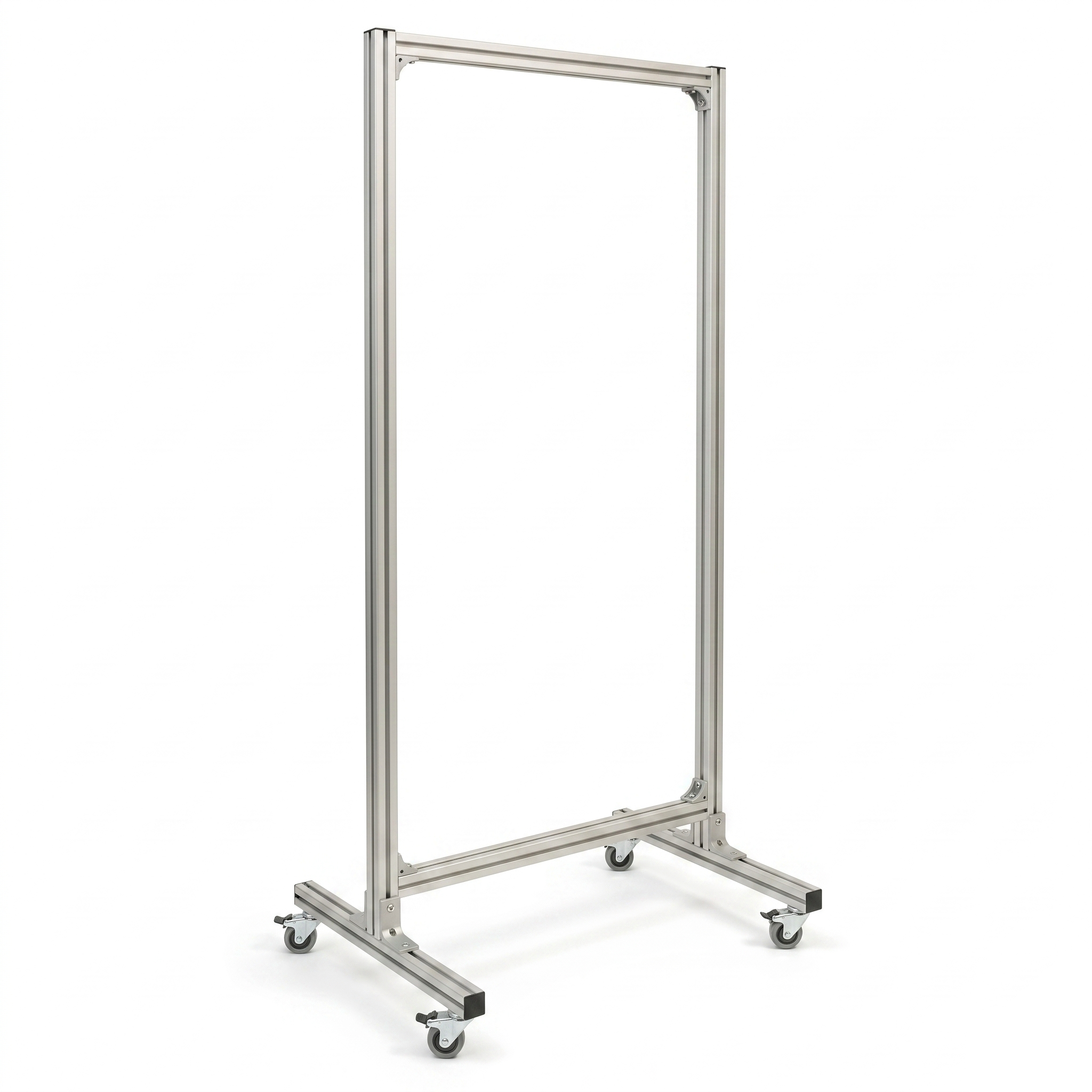Metal garment rack on wheels with a white background