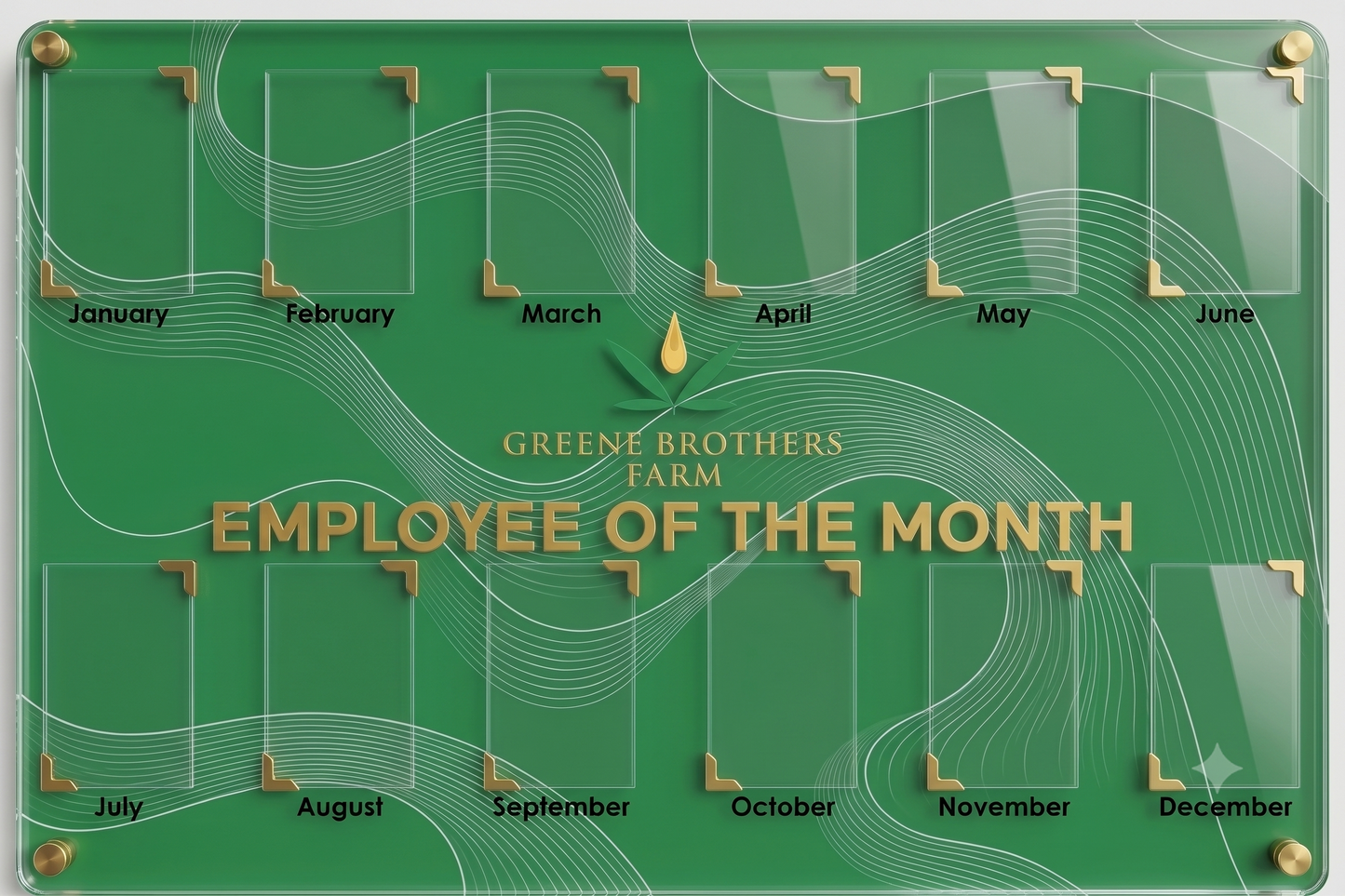 Custom Acrylic Employee of the Month Board — Architectural Clear Series with Metal Photo Corners