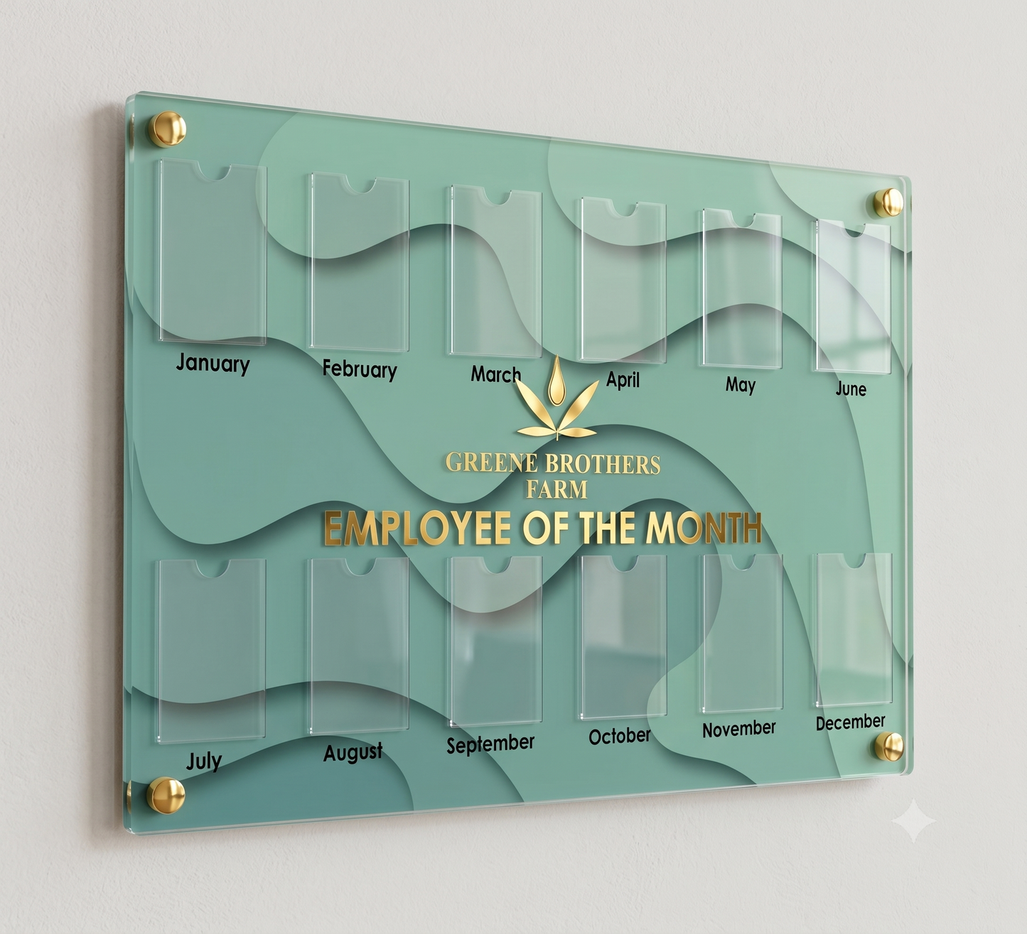 Custom Acrylic Employee of the Month Board — Architectural Clear Series with Metal Photo Corners