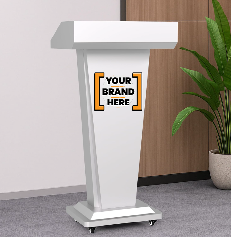 Branded Rounded Lectern Custom Branded Mobile Lectern & Lean Communication Hub - Mobile Heavy