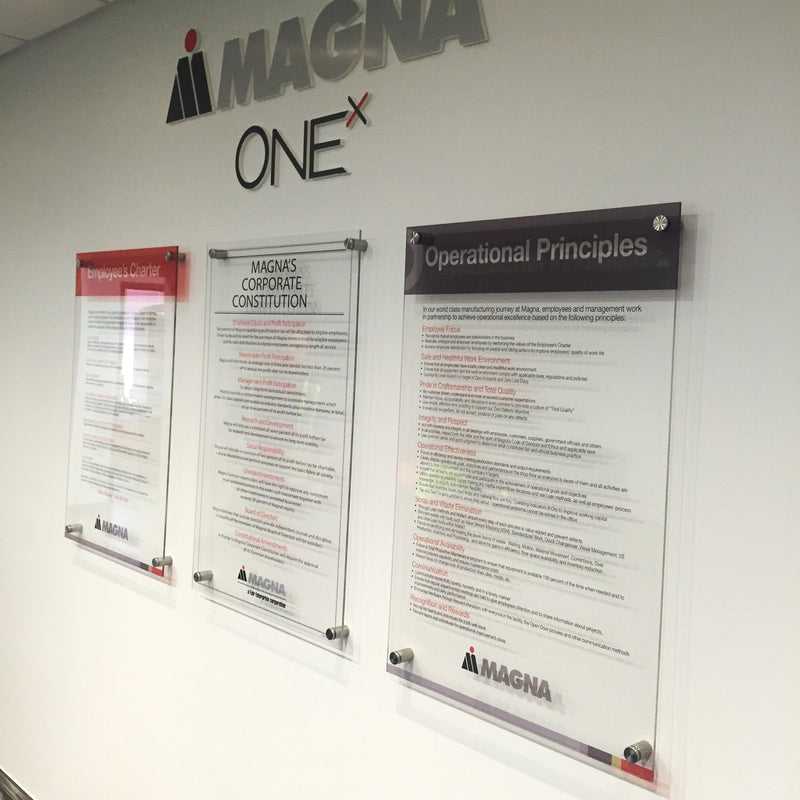 Wall-mounted acrylic document displays for operating principles