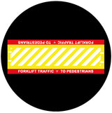 Projected hatched crosswalk gobo with forklift yield symbol for shared pedestrian and truck routes — CYANvisuals