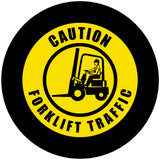 Projected yellow forklift traffic CAUTION gobo for warning pedestrians on material handling routes — CYANvisuals