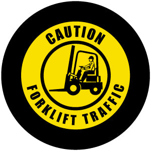 Projected yellow forklift traffic CAUTION gobo for warning pedestrians on material handling routes — CYANvisuals