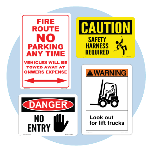 Collection of safety signs including 'Fire Route', 'Caution', 'Warning', and 'Danger' on a white background.