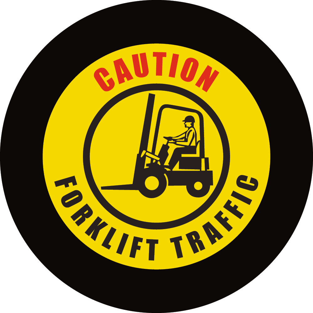Projected forklift traffic CAUTION gobo in high-contrast yellow and red for busy warehouse aisles — CYANvisuals