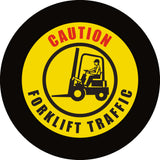 Projected forklift traffic CAUTION gobo in high-contrast yellow and red for busy warehouse aisles — CYANvisuals