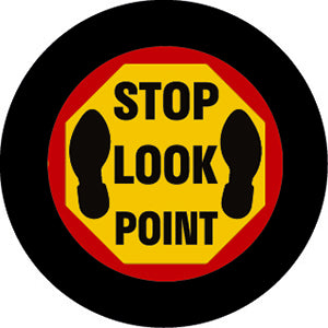 Projected STOP LOOK gobo for blind corners and pedestrian decision points on plant floors — CYANvisuals