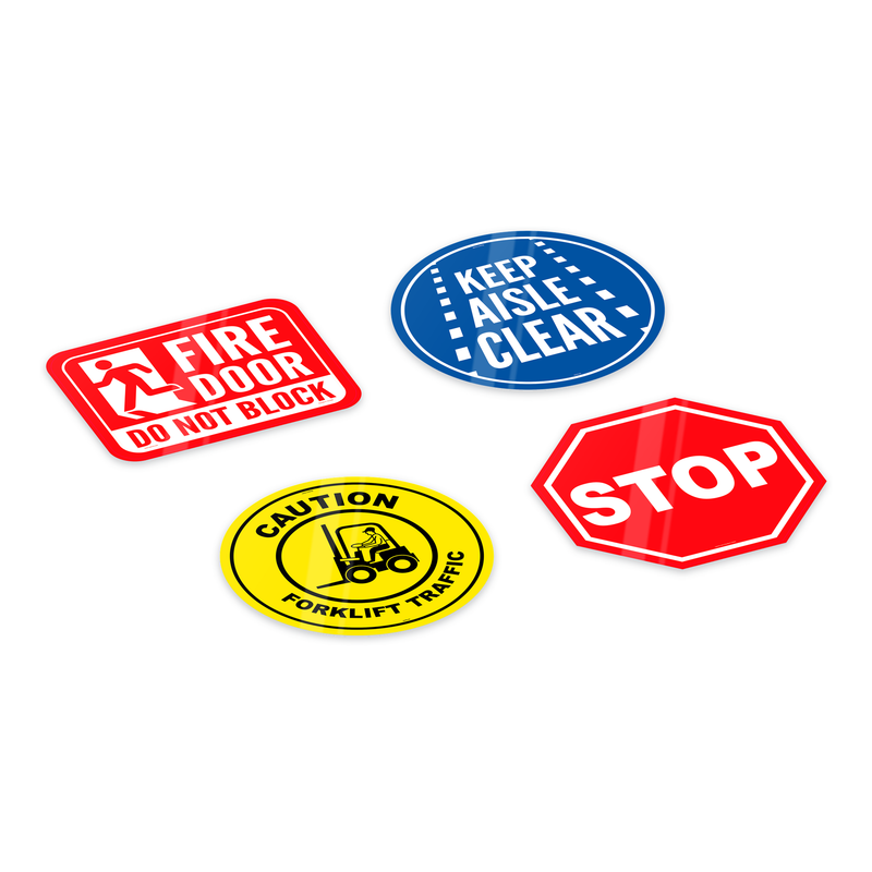 Floor signs: fire door, keep aisle clear, caution forklift traffic and STOP markers