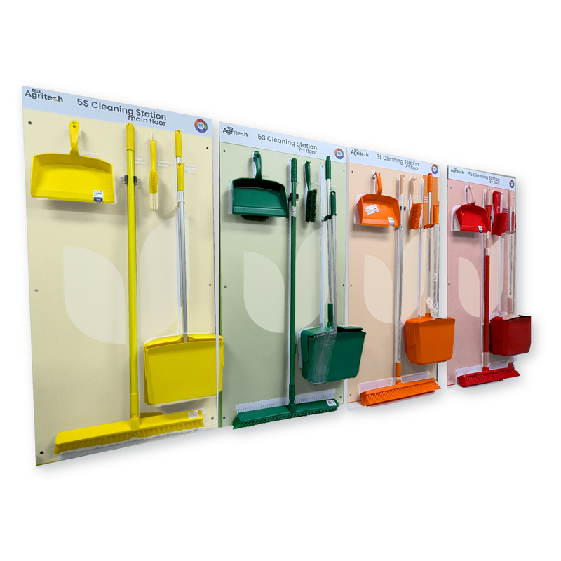 Colour-coded 5S cleaning stations with food-grade brooms, dustpans and brushes