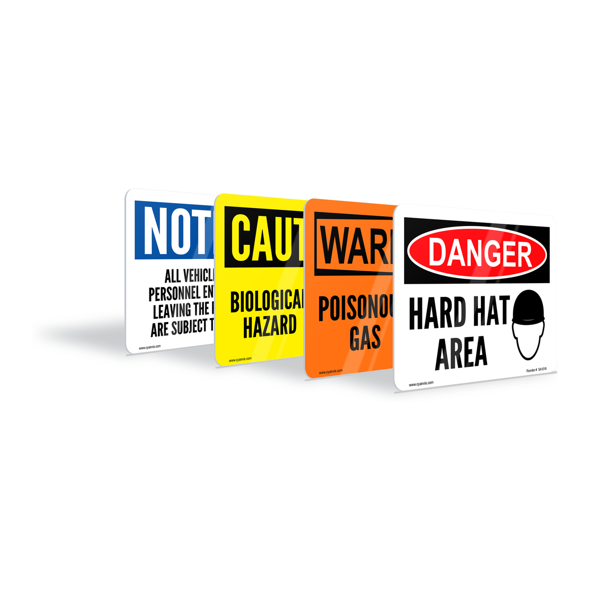 Industrial safety signs: notice, caution, warning and danger signs