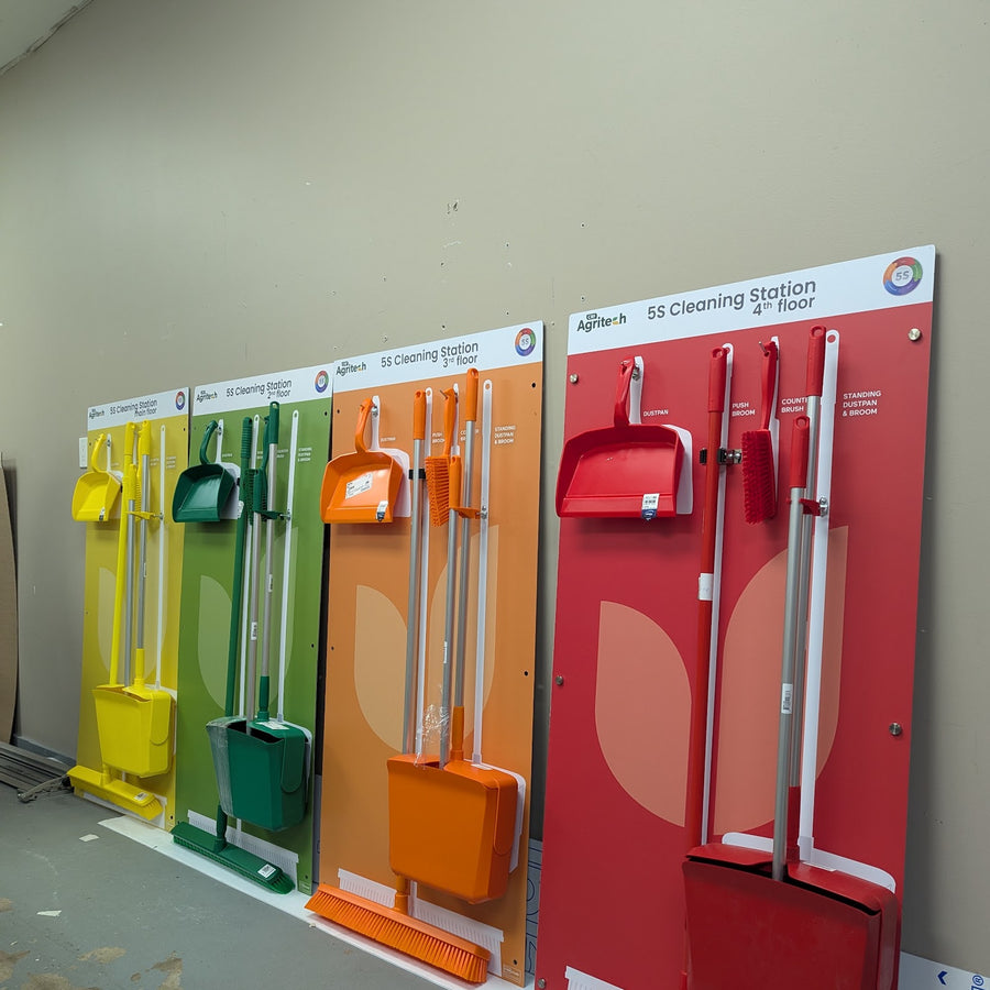 Colour-coded 5S cleaning stations for each floor of a food facility