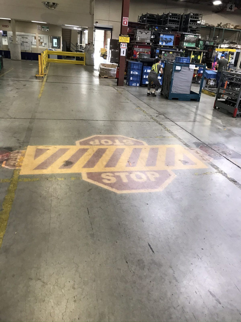 Projected crosswalk and STOP signs on a plant aisle