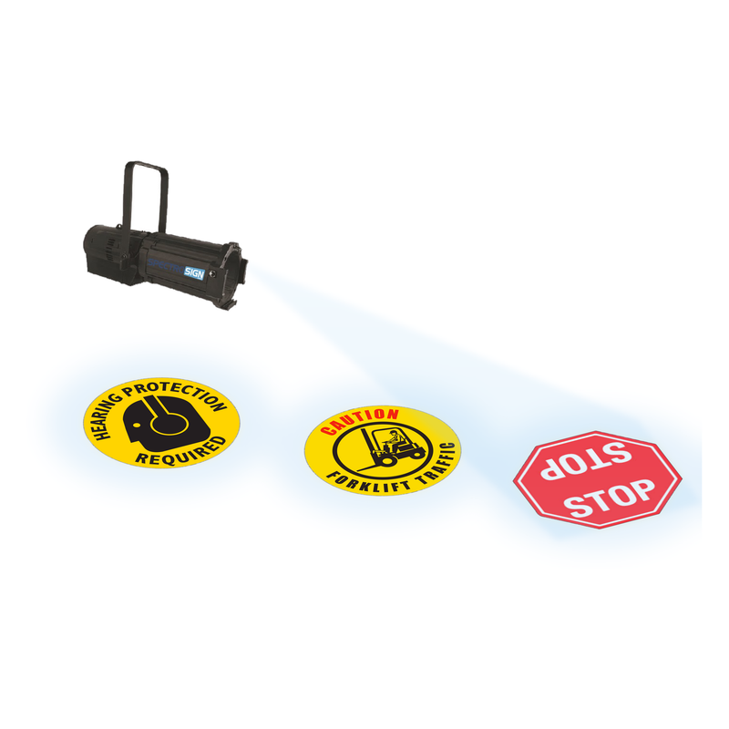 Projected floor signs: projector casting hearing protection, forklift and STOP signs