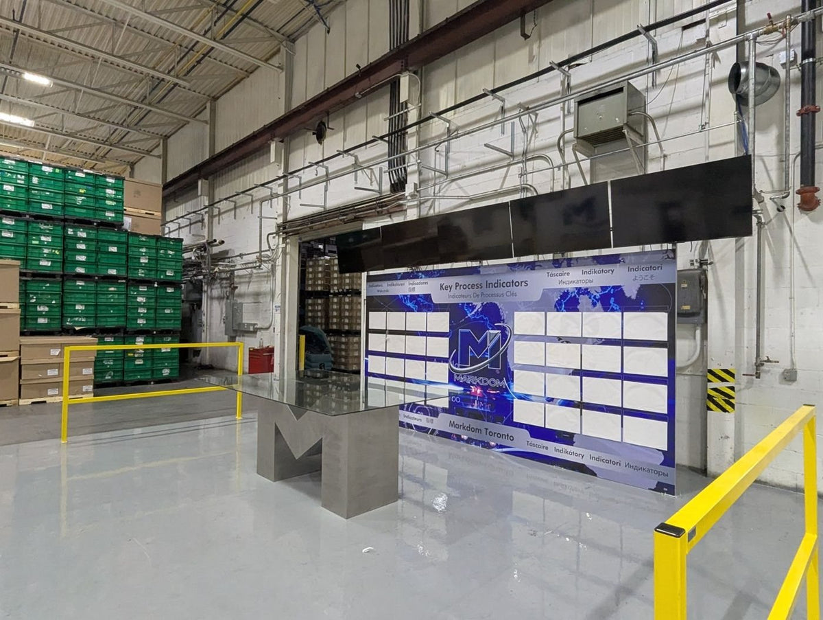Custom KPI visual management board wall in a manufacturing plant