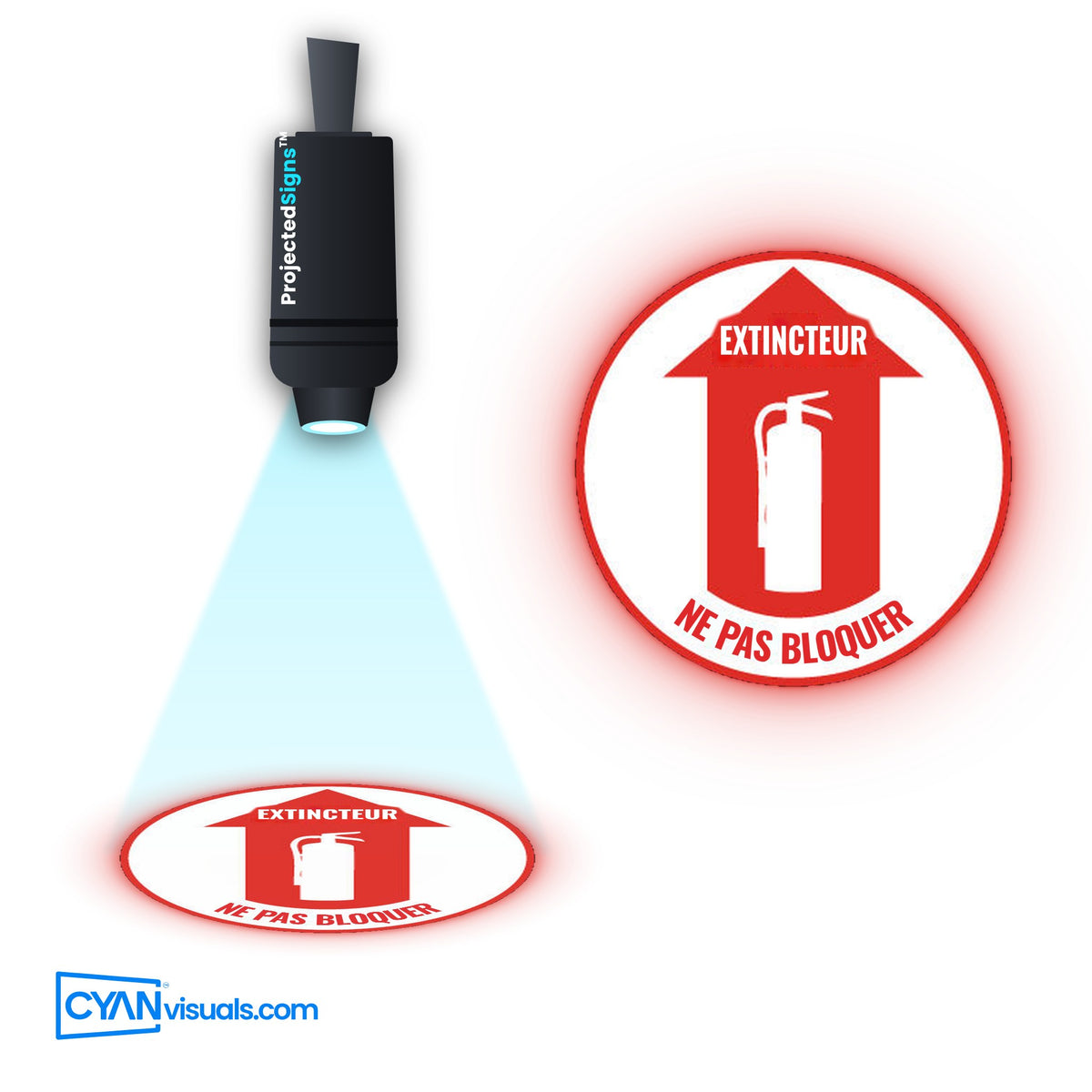 DO NOT BLOCK Fire Extinguisher gobo in French projected on the floor by a ProjectedSigns LED sign projector