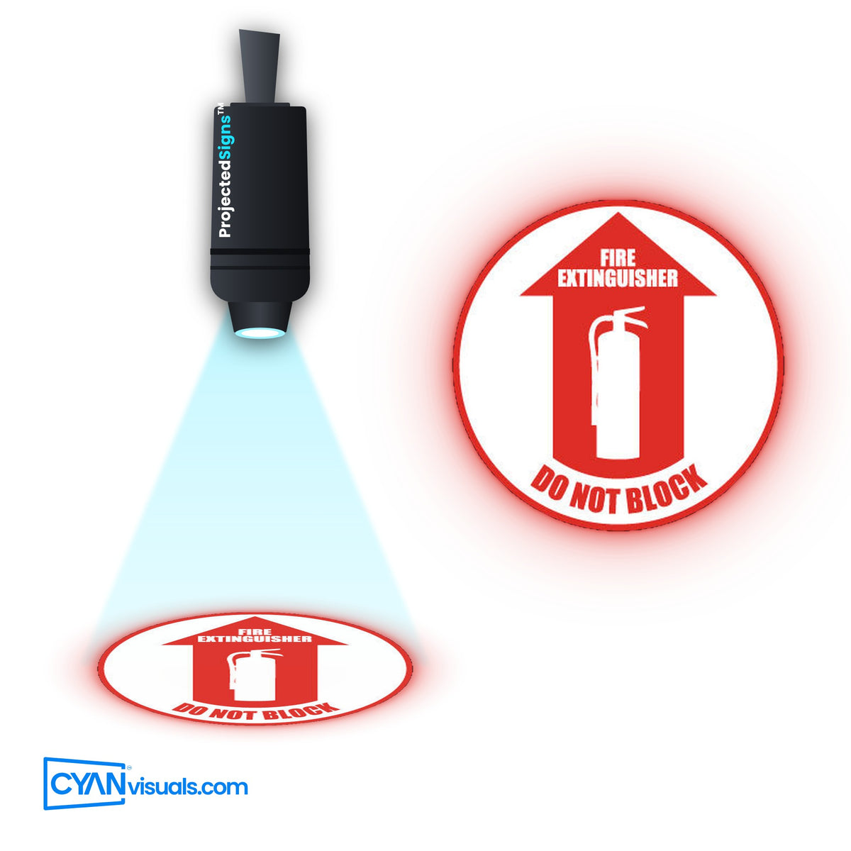 DO NOT BLOCK Fire Extinguisher gobo projected on the floor by a ProjectedSigns LED sign projector
