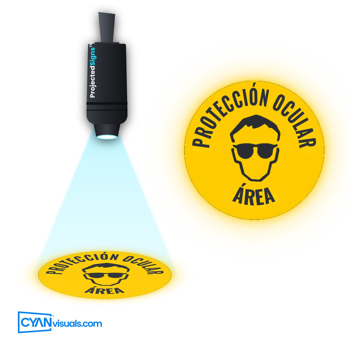 Eye Protection Area gobo in Spanish projected on the floor by a ProjectedSigns LED sign projector