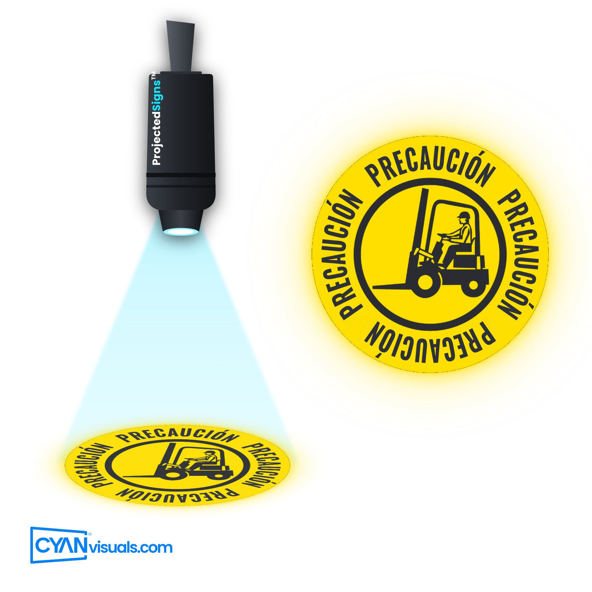 Forklift Traffic CAUTION Spoon gobo in Spanish projected on the floor by a ProjectedSigns LED sign projector