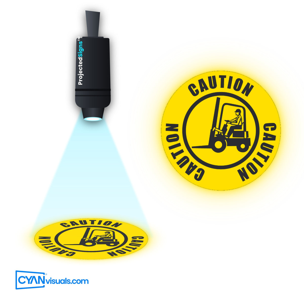 Forklift Traffic CAUTION Spoon gobo projected on the floor by a ProjectedSigns LED sign projector