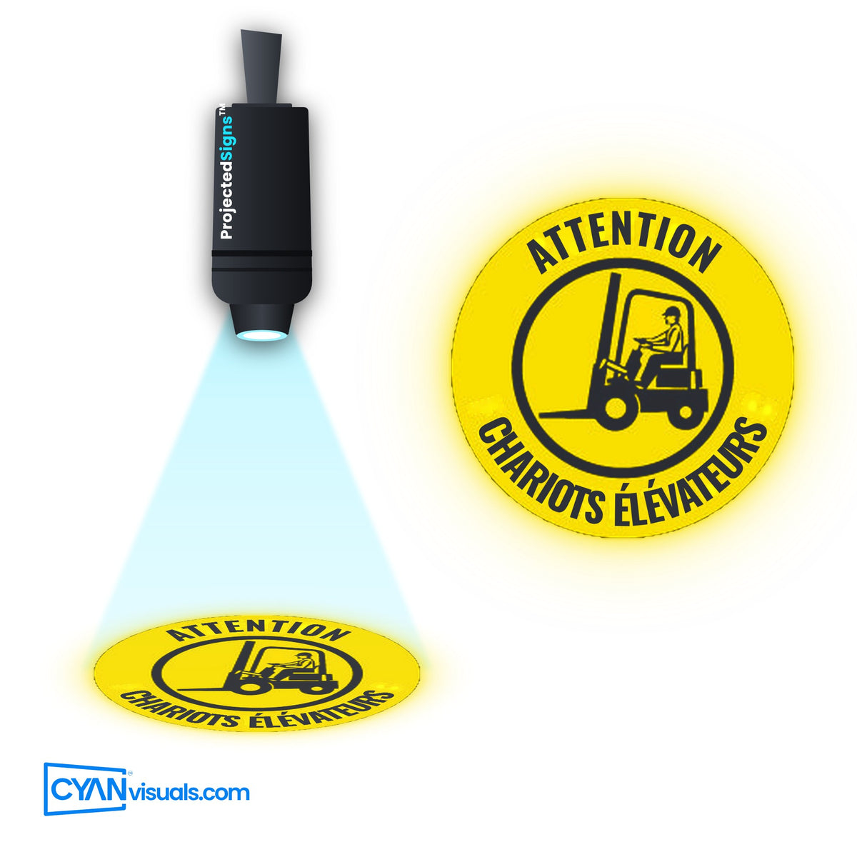 Forklift Traffic CAUTION gobo in French projected on the floor by a ProjectedSigns LED sign projector