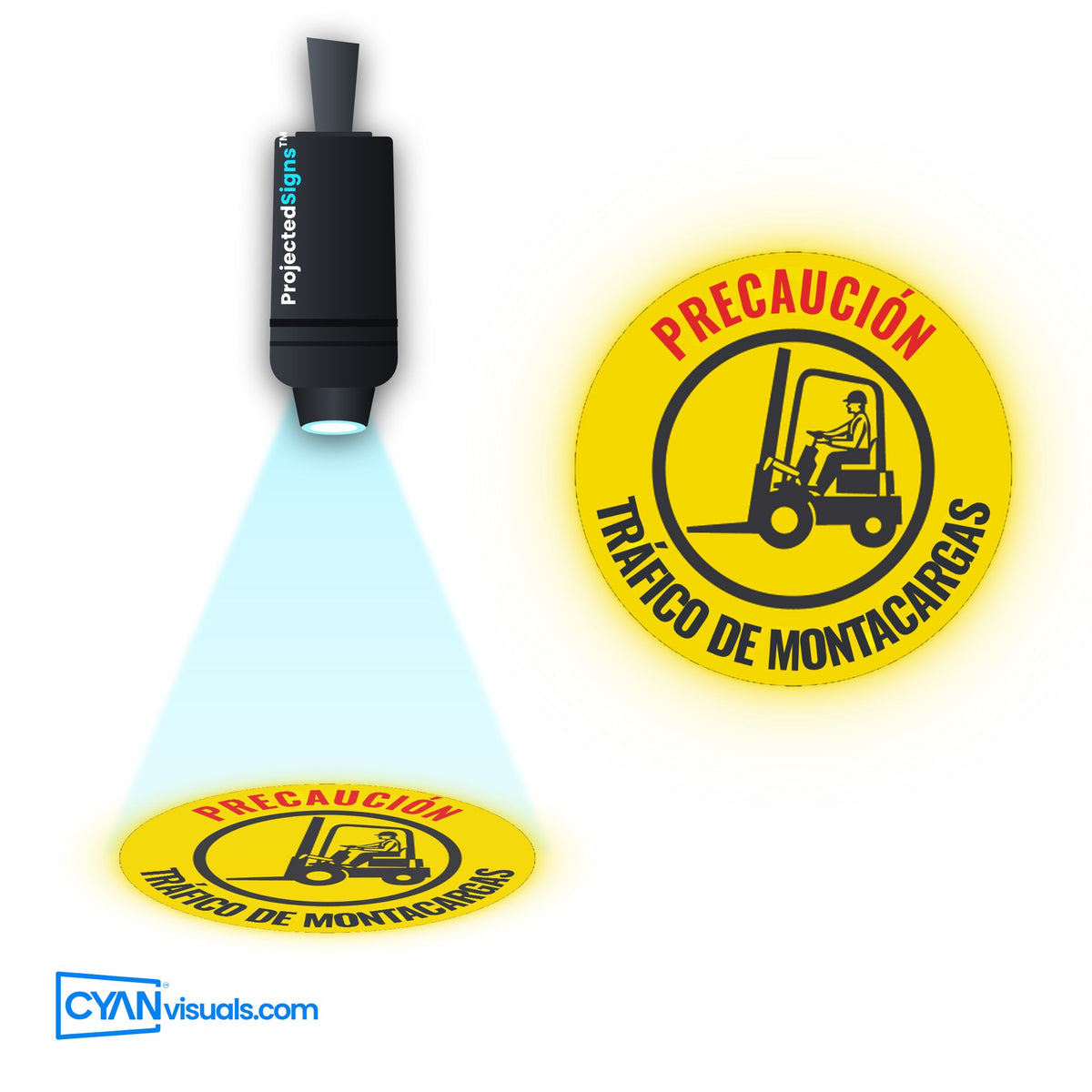 Forklift Traffic CAUTION gobo in Spanish projected on the floor by a ProjectedSigns LED sign projector