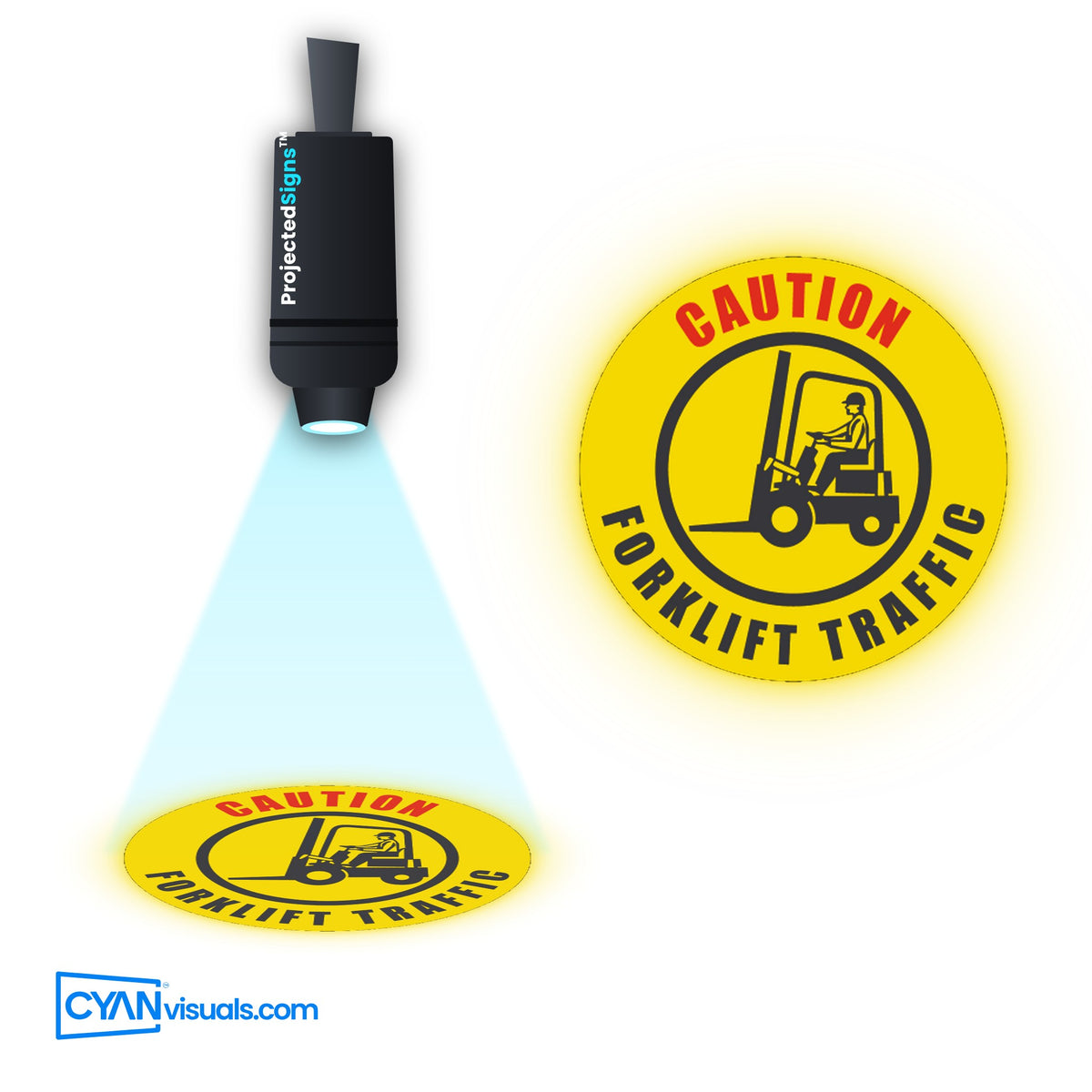 Forklift Traffic CAUTION gobo projected on the floor by a ProjectedSigns LED sign projector
