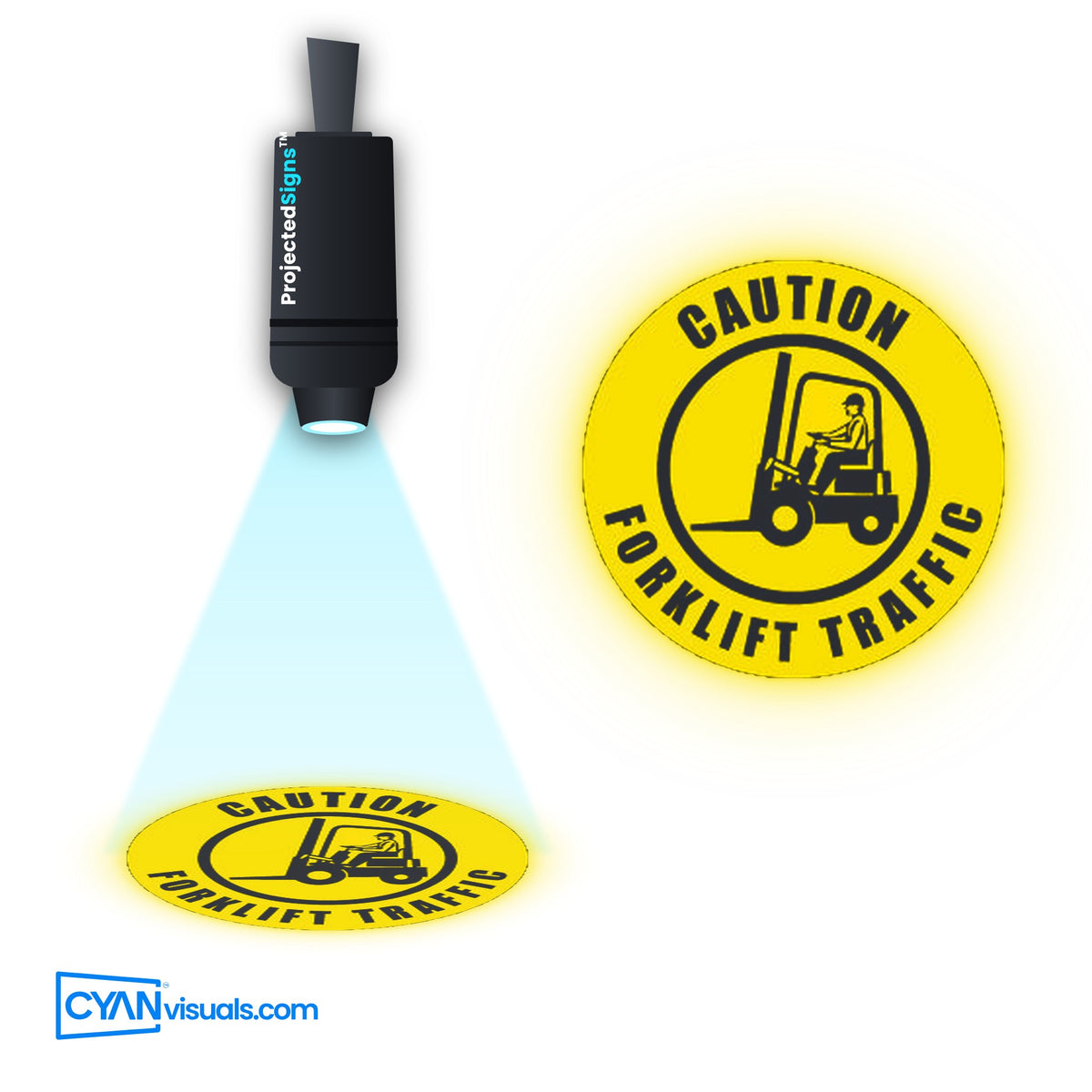 Forklift Traffic CAUTION gobo projected on the floor by a ProjectedSigns LED sign projector