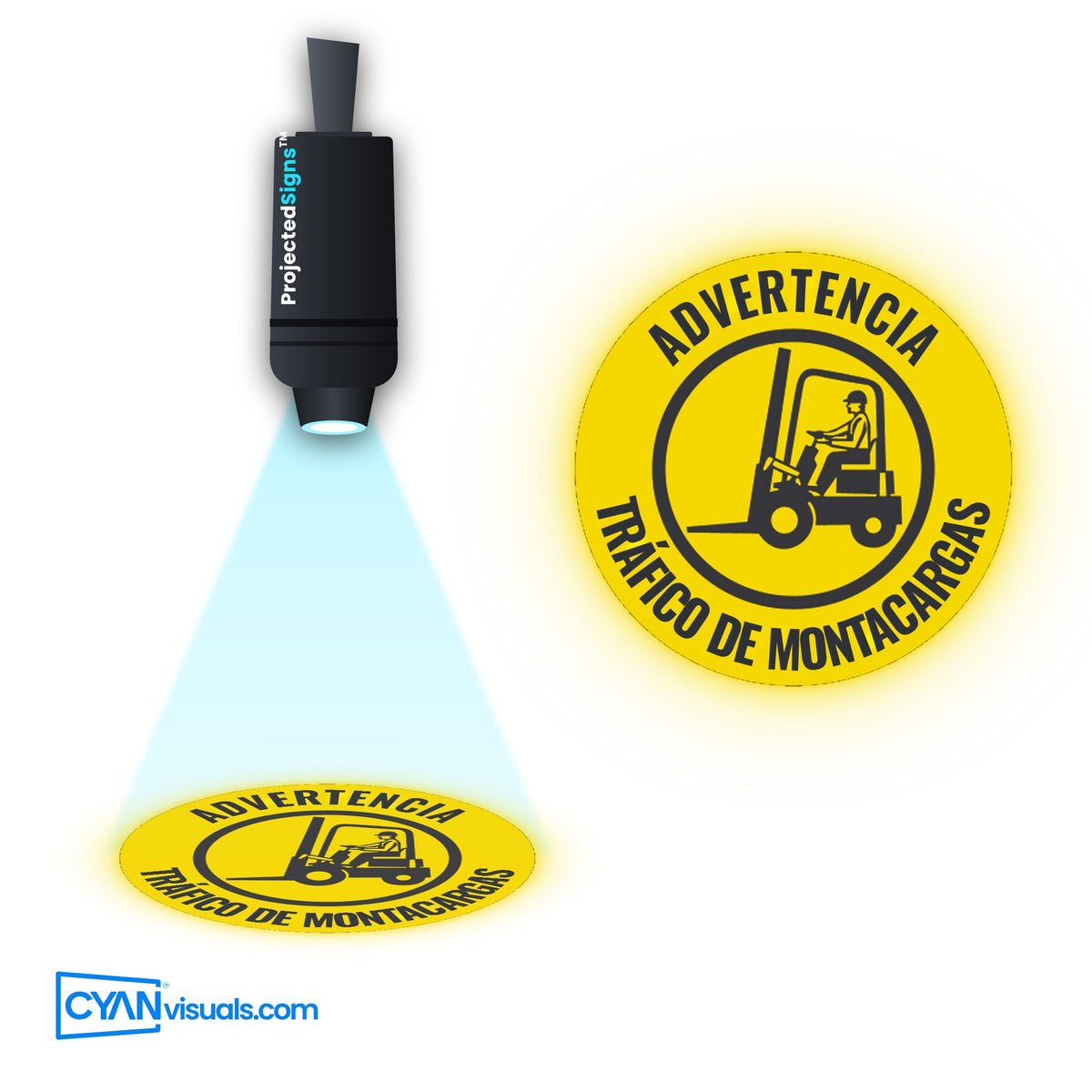Forklift Traffic WARNING gobo in Spanish projected on the floor by a ProjectedSigns LED sign projector