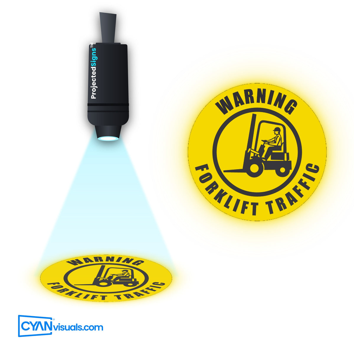 Forklift Traffic WARNING gobo projected on the floor by a ProjectedSigns LED sign projector