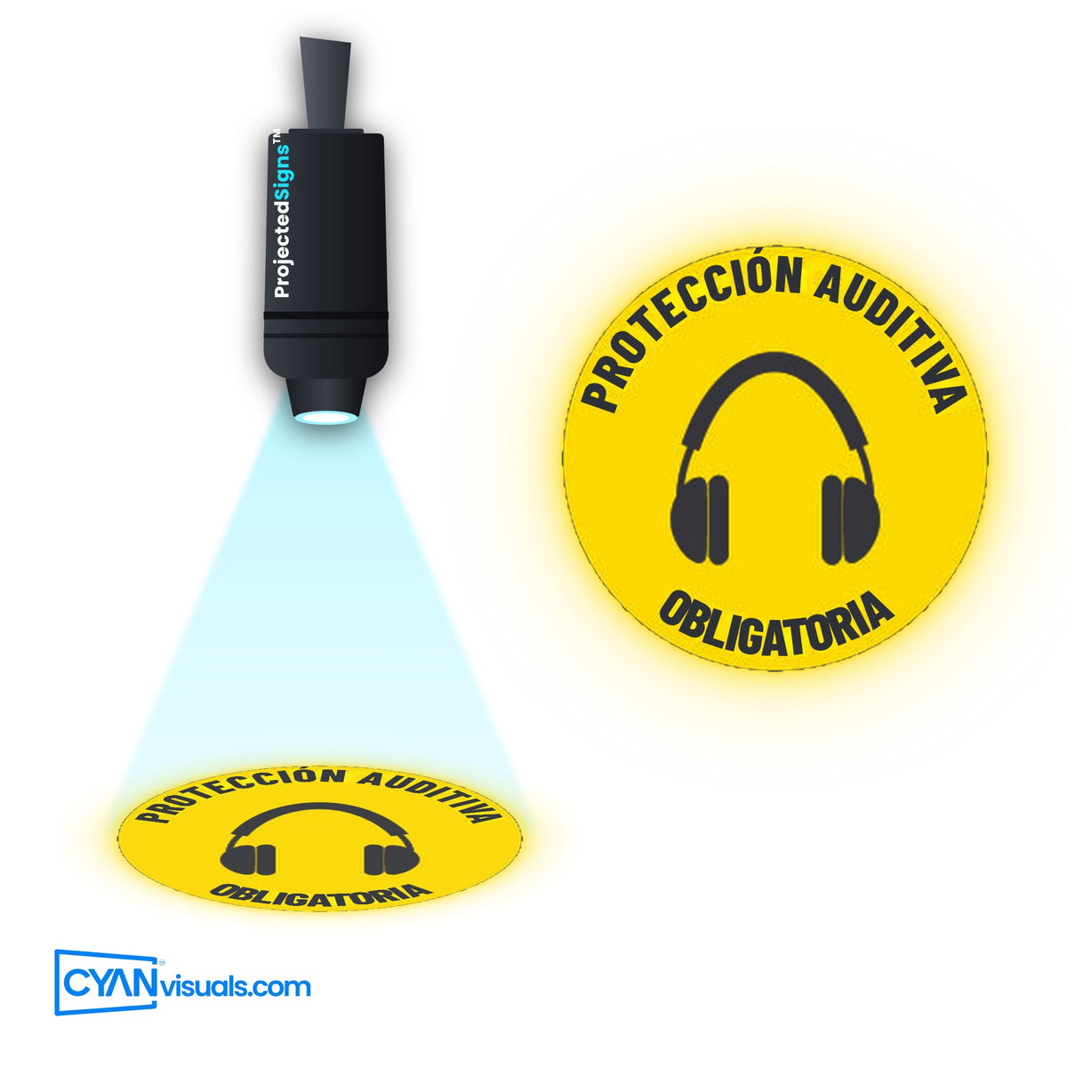 Hearing Protection Required (Earmuffs) gobo in Spanish projected on the floor by a ProjectedSigns LED sign projector