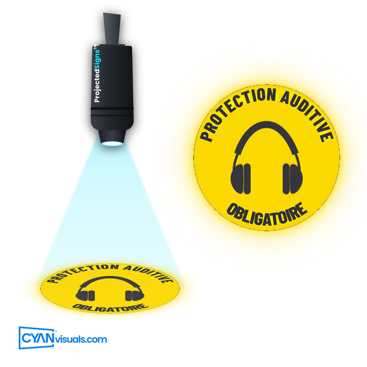 Hearing Protection Required (Earmuffs) gobo in French projected on the floor by a ProjectedSigns LED sign projector