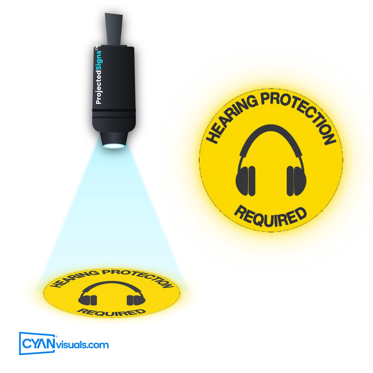 Hearing Protection Required (Earmuffs) gobo projected on the floor by a ProjectedSigns LED sign projector
