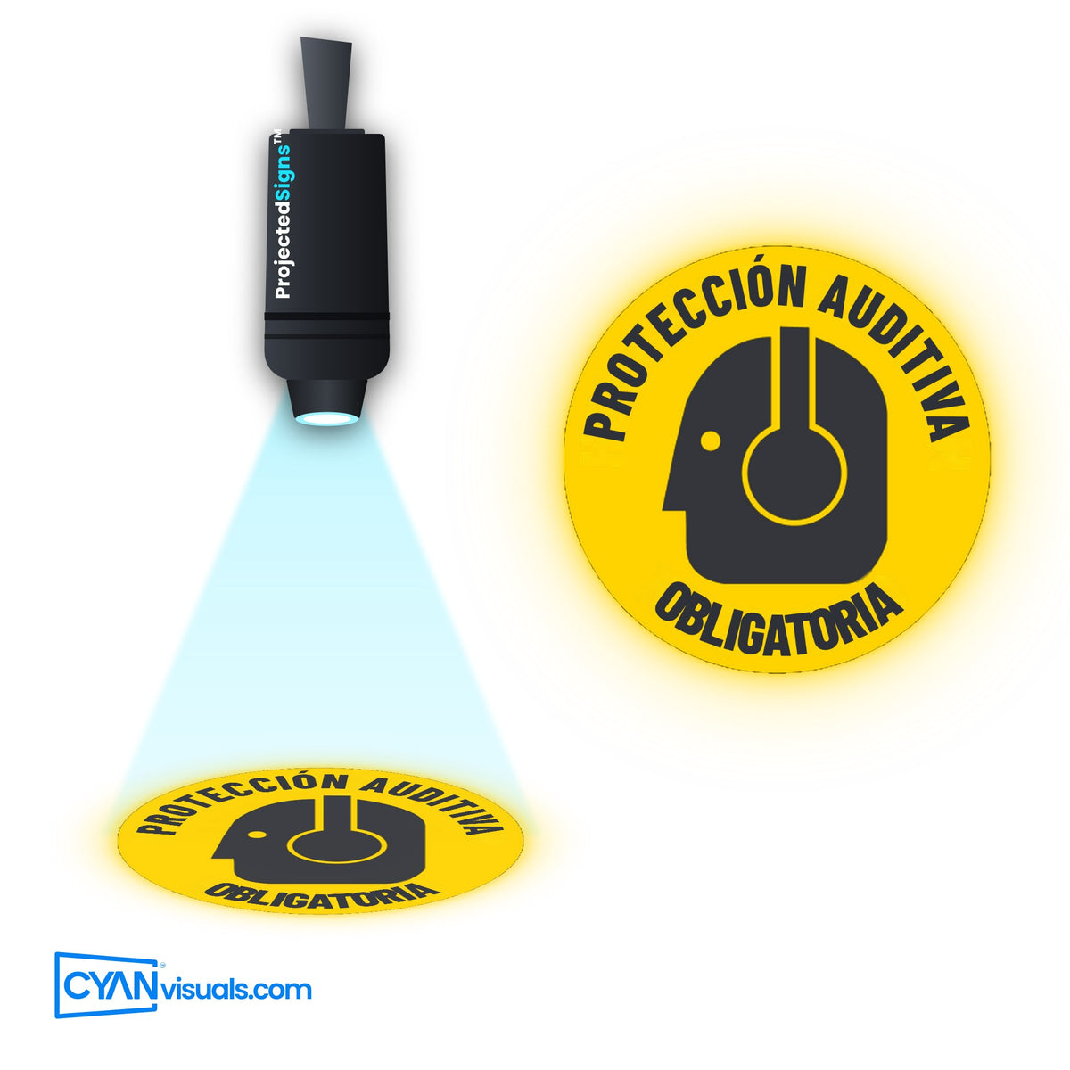 Hearing Protection Required (Earplugs) gobo in Spanish projected on the floor by a ProjectedSigns LED sign projector