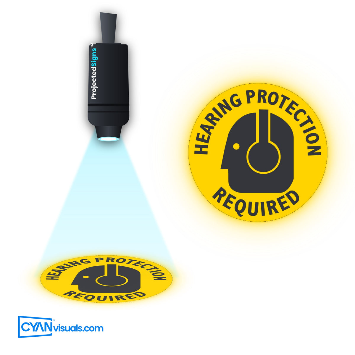 Hearing Protection Required (Earplugs) gobo projected on the floor by a ProjectedSigns LED sign projector