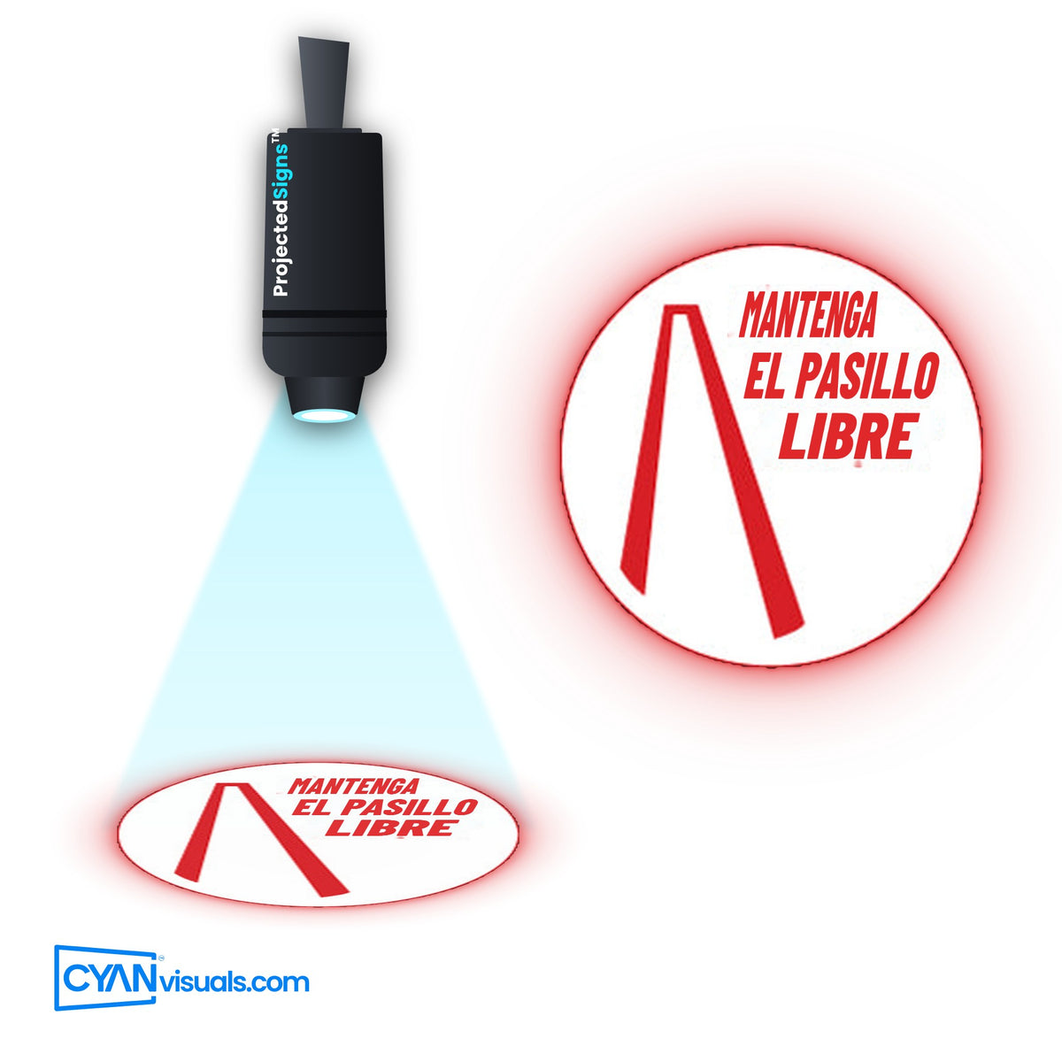 Keep Aisle Clear gobo in Spanish projected on the floor by a ProjectedSigns LED sign projector