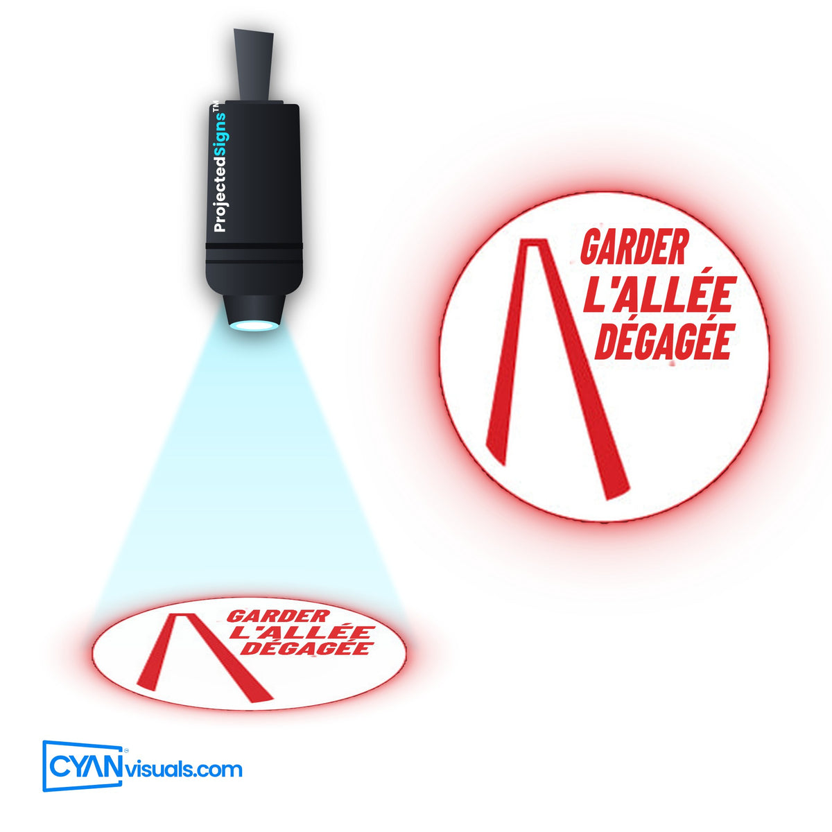 Keep Aisle Clear gobo in French projected on the floor by a ProjectedSigns LED sign projector