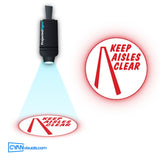 Keep Aisle Clear gobo projected on the floor by a ProjectedSigns LED sign projector