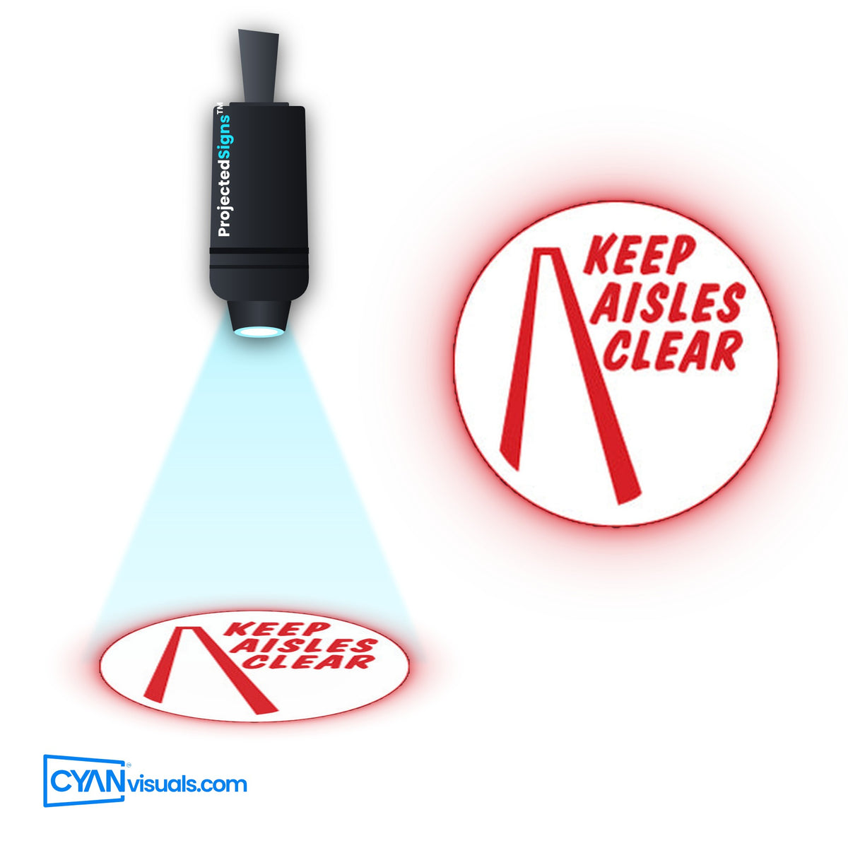 Keep Aisle Clear gobo projected on the floor by a ProjectedSigns LED sign projector