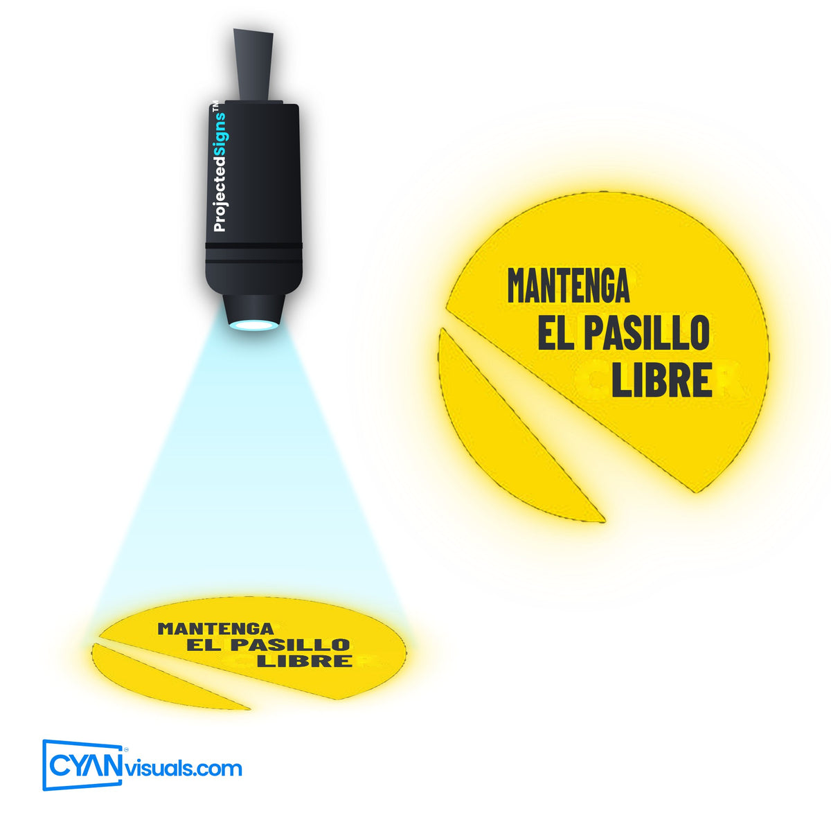 Keep Aisle Clear gobo in Spanish projected on the floor by a ProjectedSigns LED sign projector