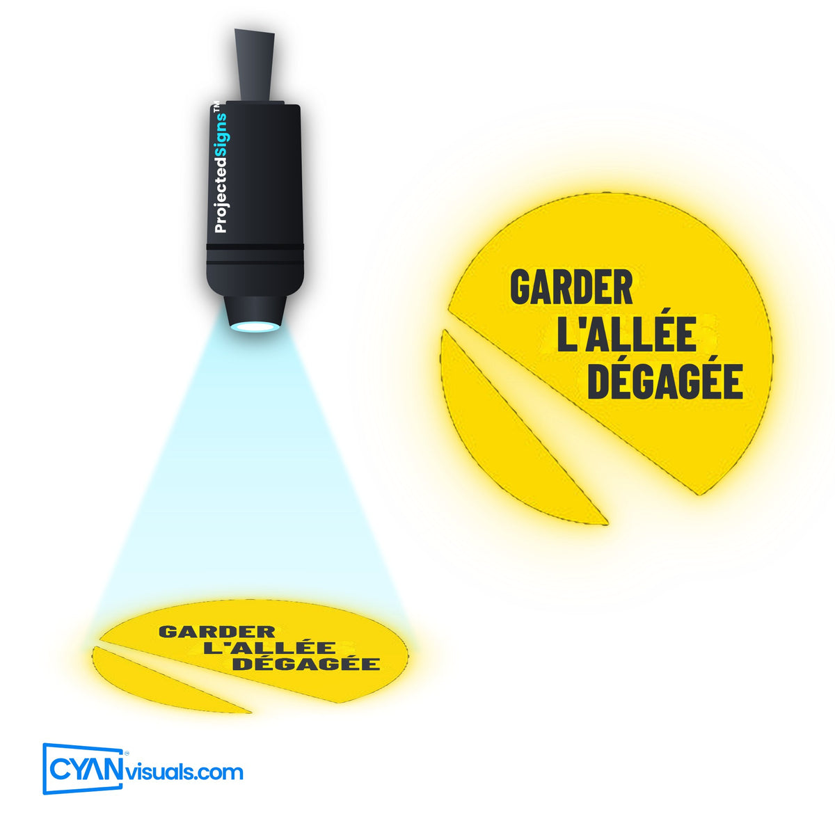 Keep Aisle Clear gobo in French projected on the floor by a ProjectedSigns LED sign projector