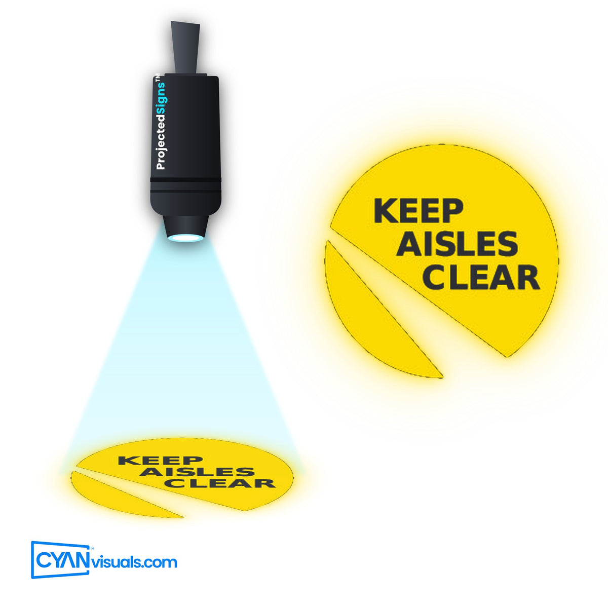 Keep Aisle Clear gobo projected on the floor by a ProjectedSigns LED sign projector