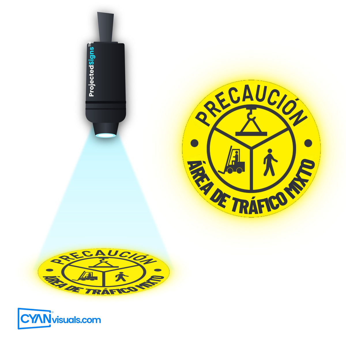 Mixed Traffic CAUTION gobo in Spanish projected on the floor by a ProjectedSigns LED sign projector
