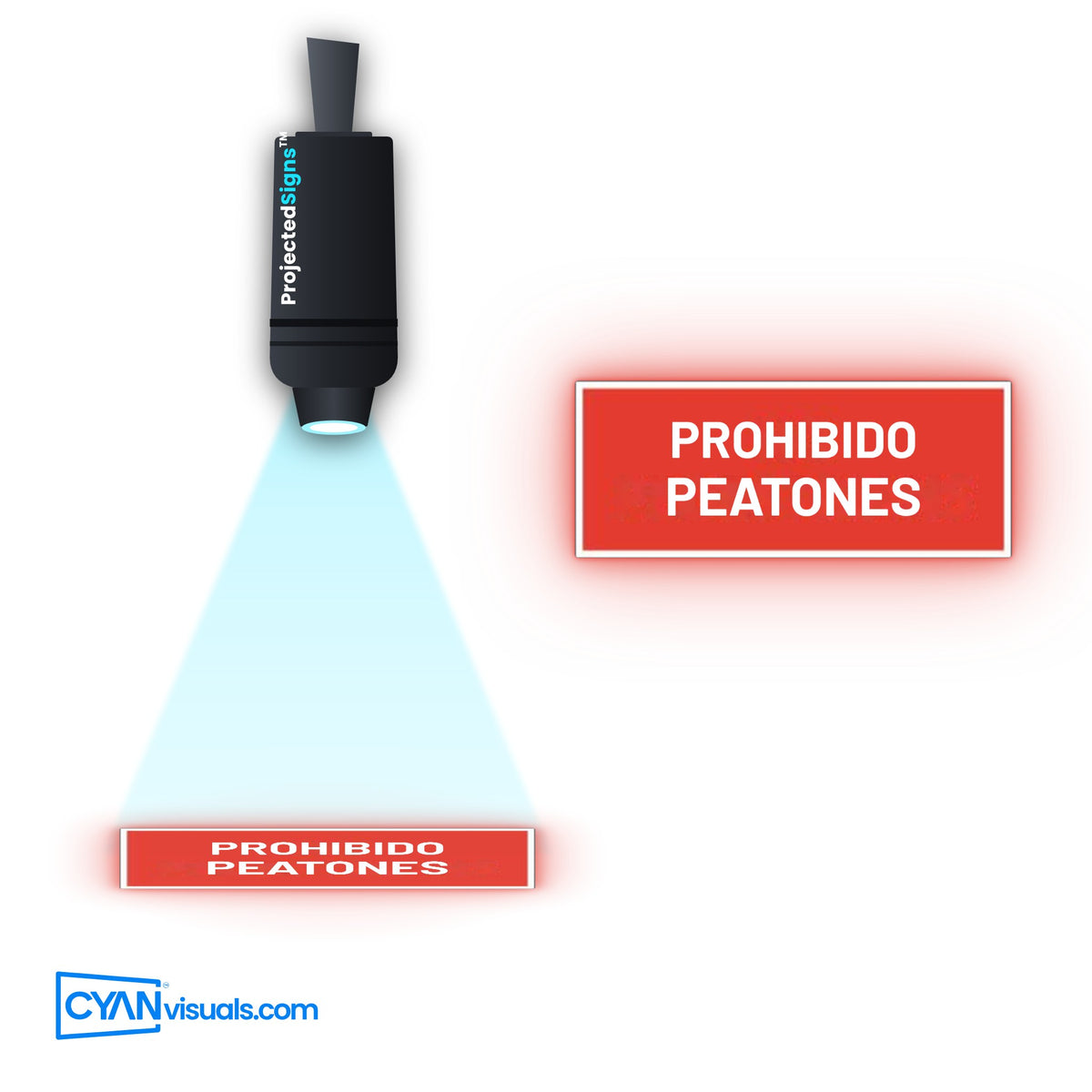 No Pedestrians Rectangle gobo in Spanish projected on the floor by a ProjectedSigns LED sign projector