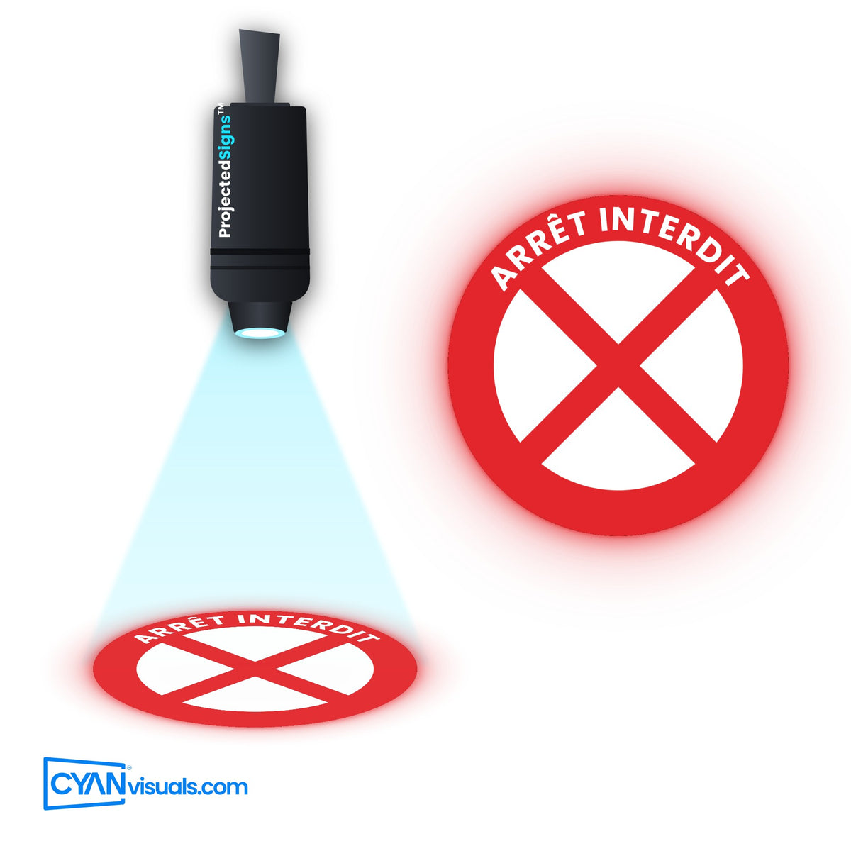 No Stop Prohibited Sign gobo in French projected on the floor by a ProjectedSigns LED sign projector